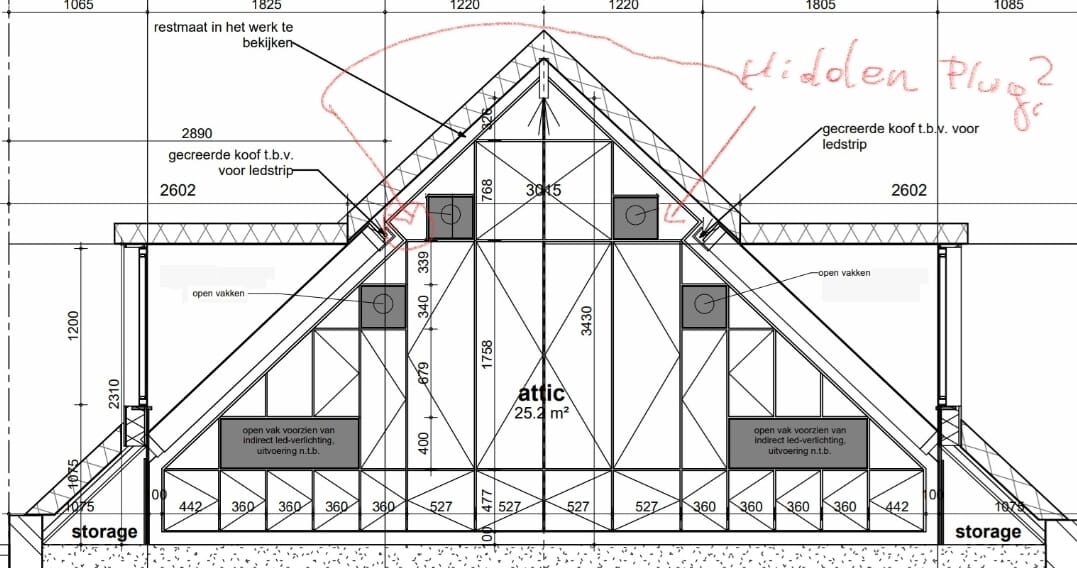 De technische tekening van de opbergwand in de kopgevel