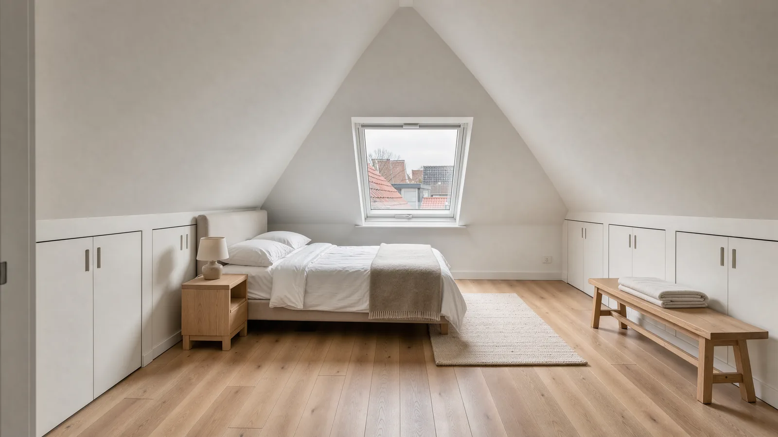 Attic bedroom under a sloping roof with a roof window, built-in knee-wall cupboards and an oak floor