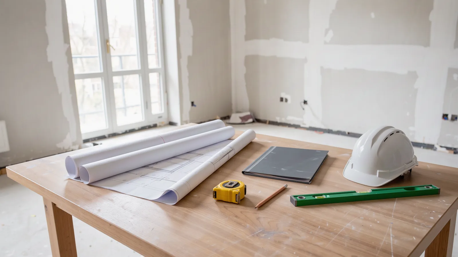 Building drawings, tape measure and safety helmet on a work table in a house under renovation