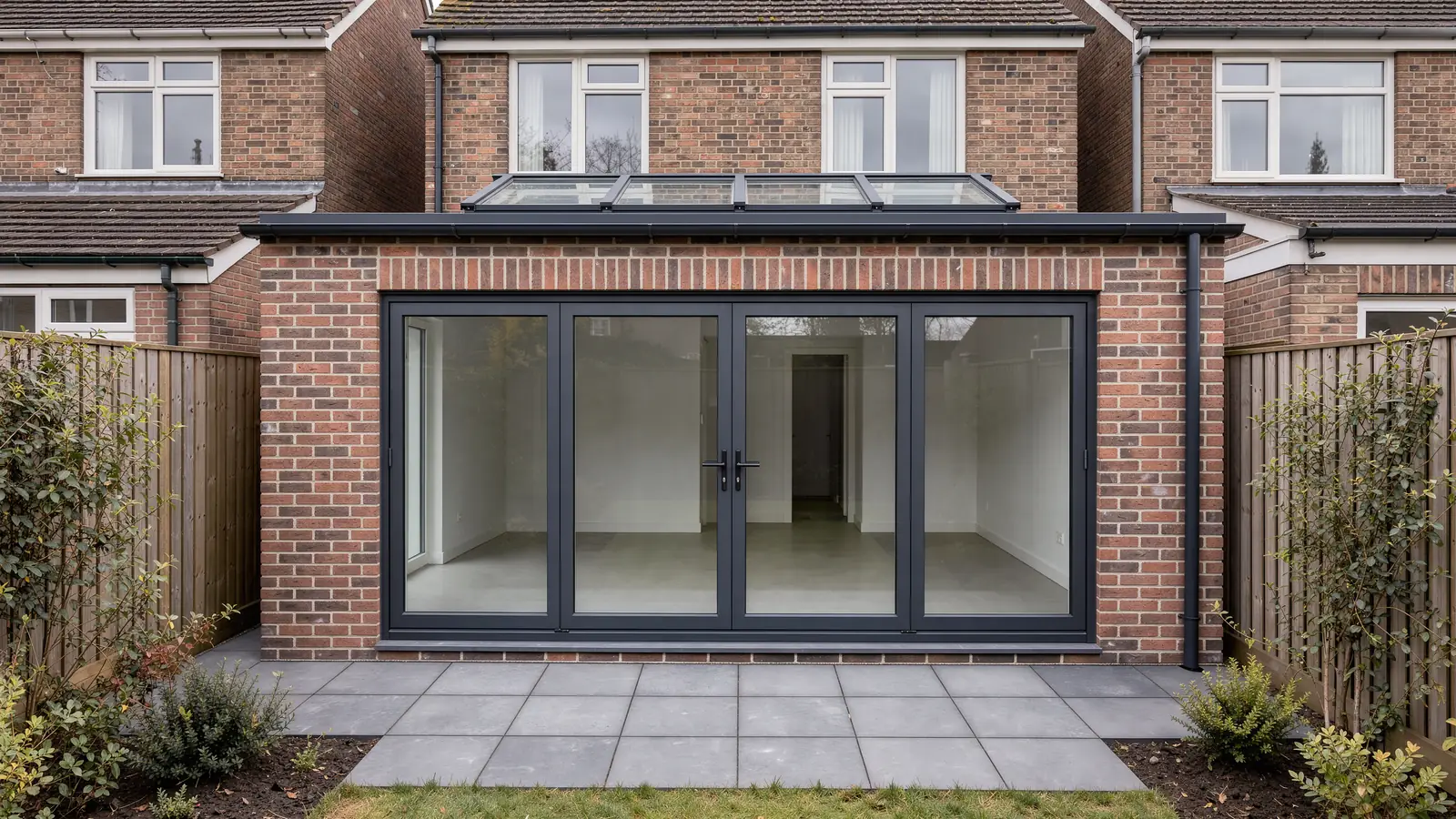 New rear extension with sliding glass doors and a rooflight on a Dutch brick terraced house