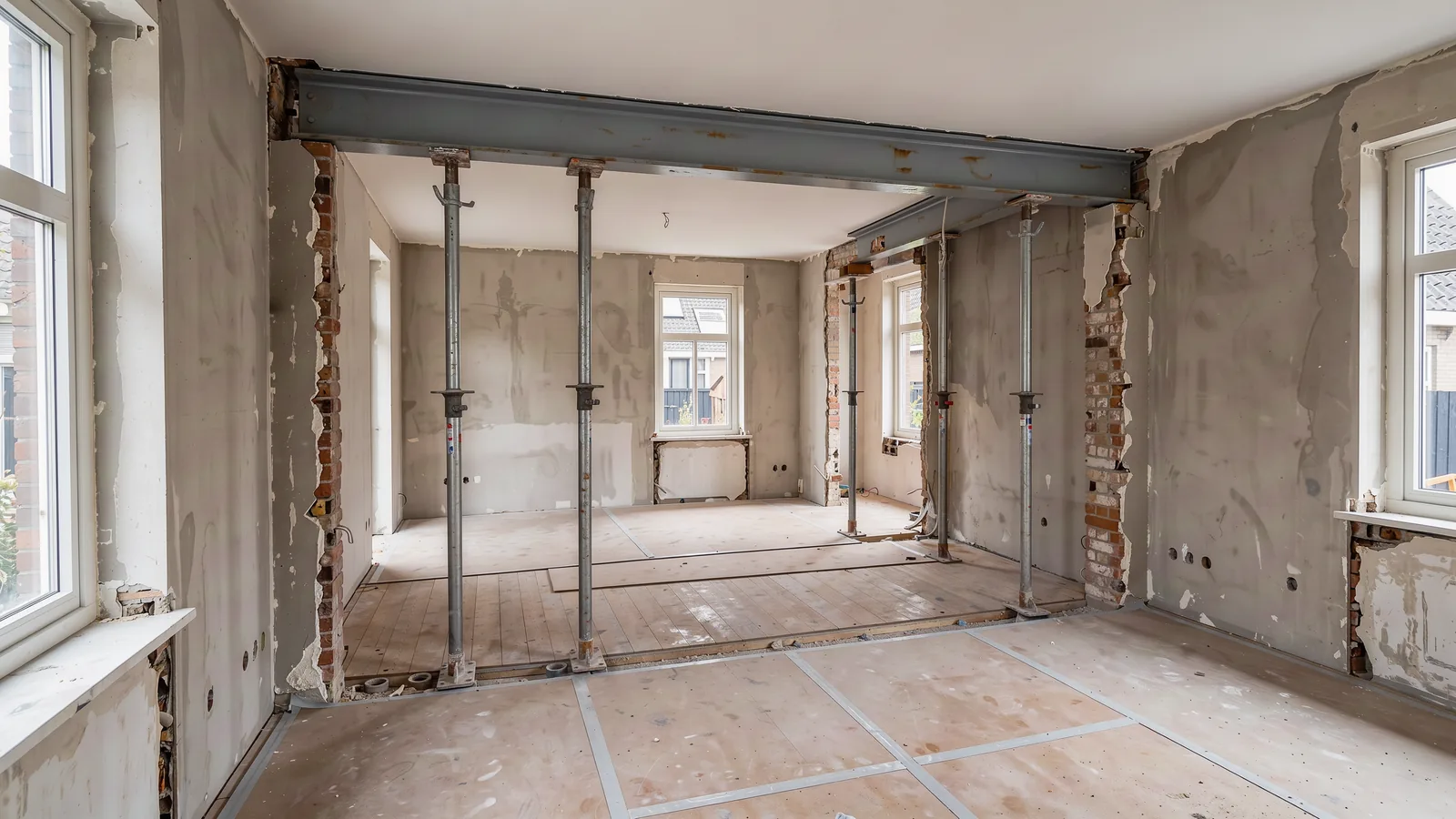 Opening between front and back room with a new steel beam and temporary props