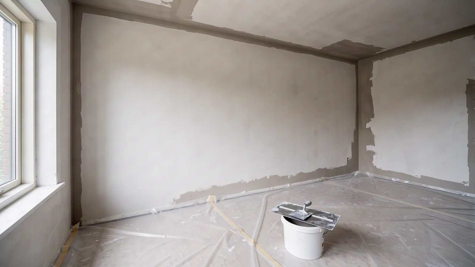 Vers glad gestucte wand en plafond met een stucspaan op een emmer