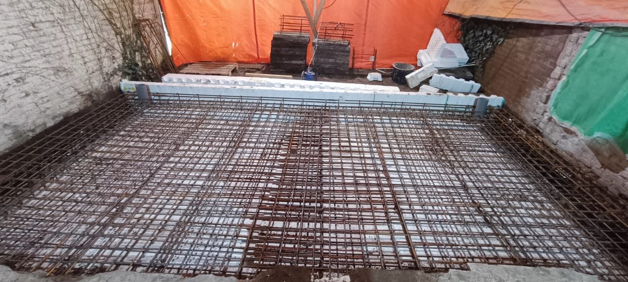 Reinforcement mesh laid for a new concrete floor