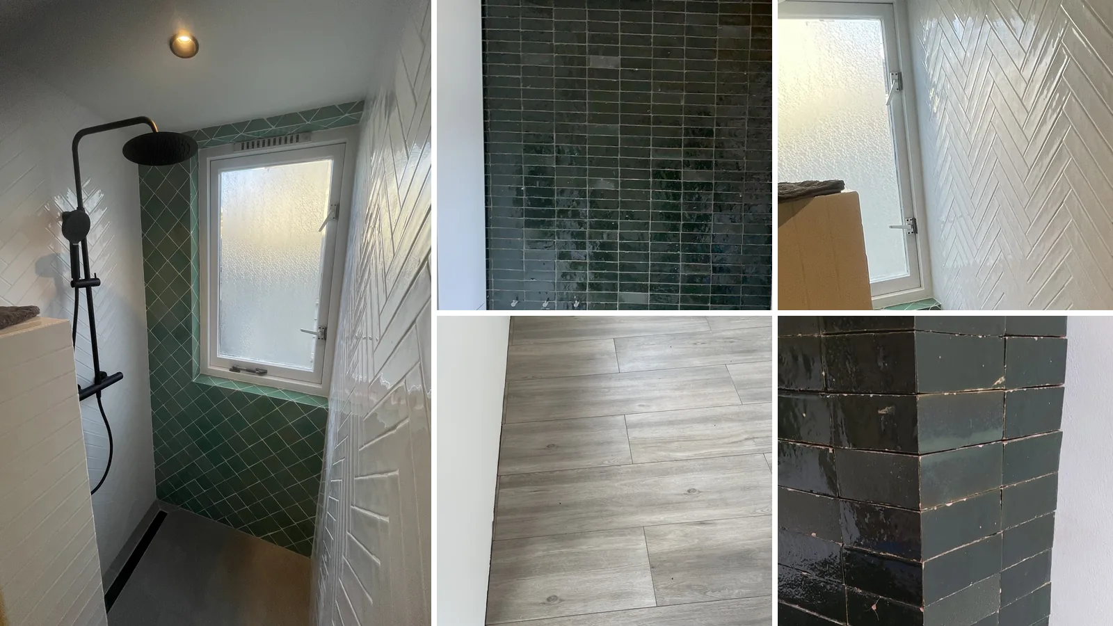 Collage of our tiling work: a shower with green diagonal and white herringbone tiles, a kitchen wall in dark green handmade tiles, and a wood-look tiled floor